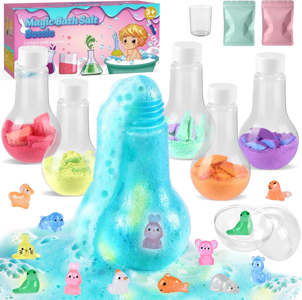 set van 6 badbommen voor kinderen, organische natuurlijke schuimbadbommen, wetenschap toverdrank flessen, badbommen cadeauset voor kinderen