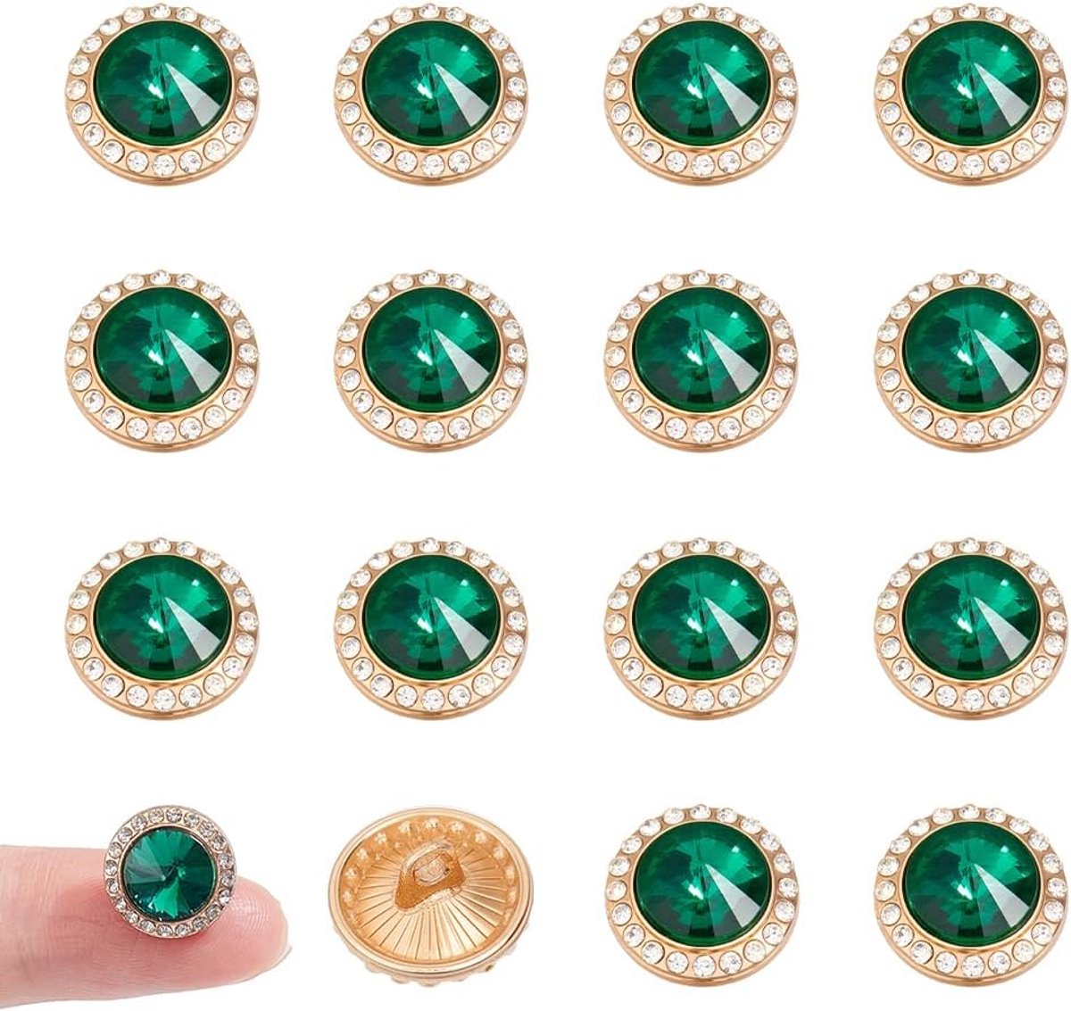 Knopen, knopen van legering, strass, om op te naaien, voor overhemden, jurken, jassen, truien, 1,2 x 0,85 cm, donkergroen
