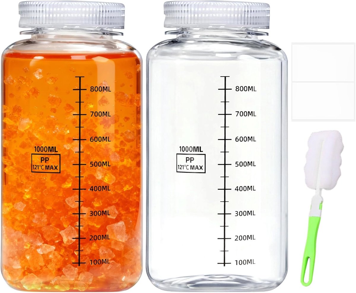 2 stuks 1000 ml fles met brede hals kunststof laboratoriumreageerbuisje met schaal