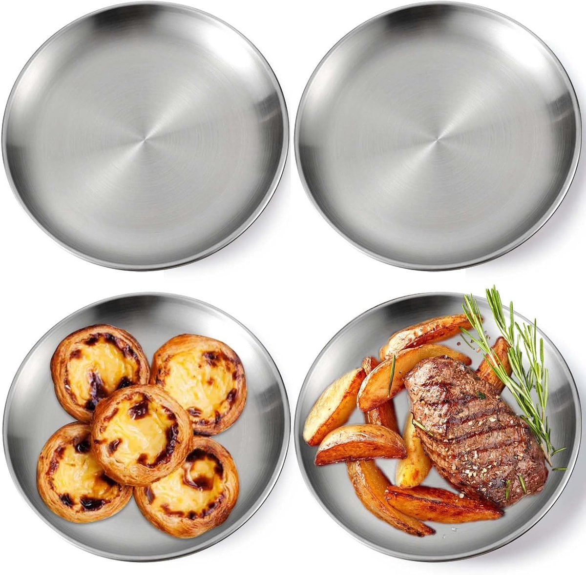 4 stuks roestvrij stalen rond servies, 23 cm, roestvrijstalen borden, matte ronde serveerschaal, zilveren schotels, pizzaplaat, camping, metalen borden voor camping, picknick, wandelen, diner