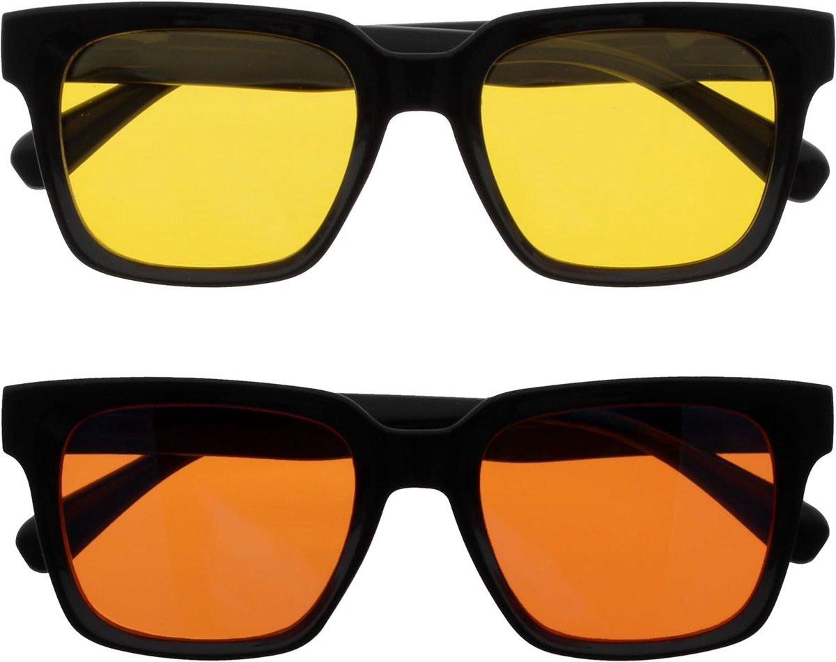 ERA Zonnebril – Gele/Oranje Lenzen – 2 Stuks – Ontspiegeld – gepolariseerde UV400 – oversized rechthoekig montuur – veerscharnieren – Zwart – heren dames
