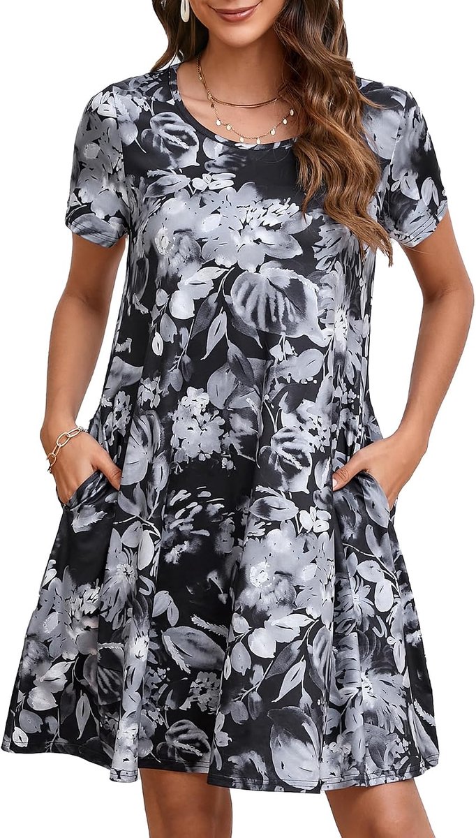 Dames T-shirt jurk korte mouw zomer tuniek jurk met zakken casual boho knielengte jurken voor vrouwen UK