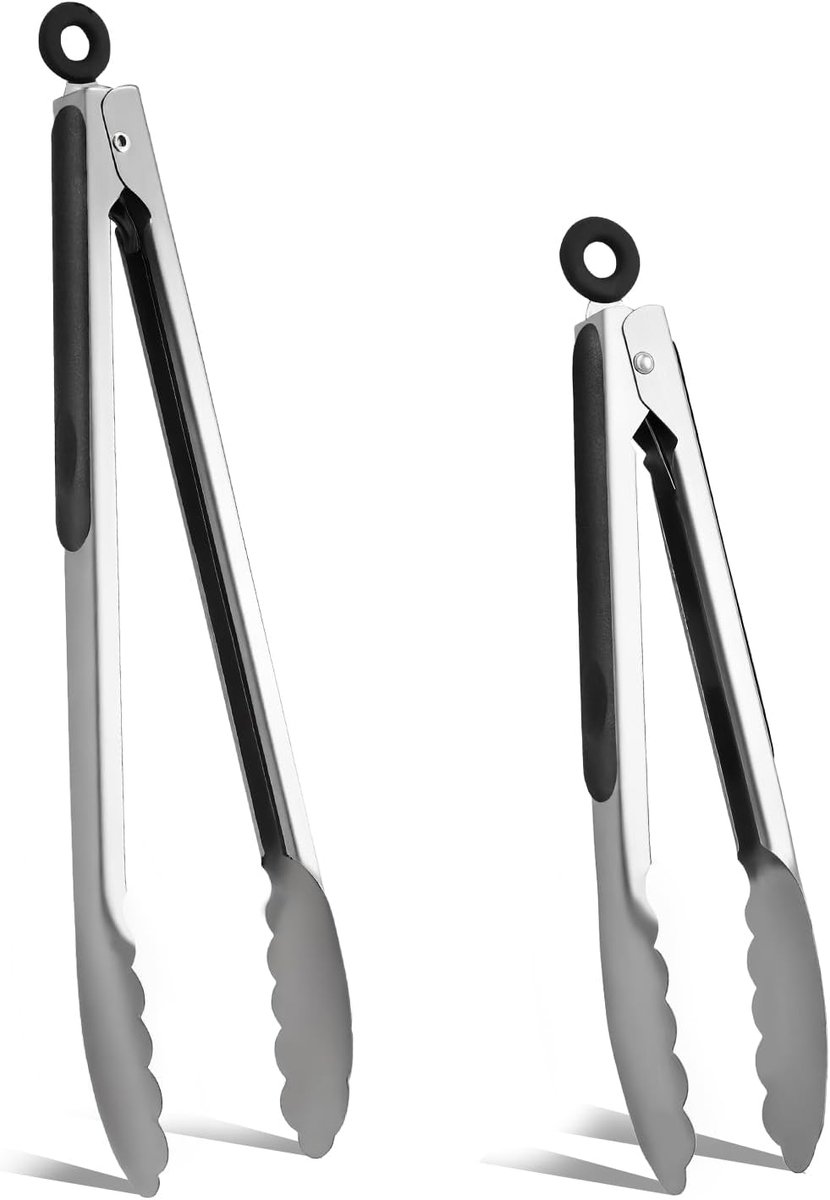 2 stuks roestvrijstalen keukentang, antislip handvat roestvrij en voedselklemmen, voor salade, grillen, buffet, hittebestendig, voedseltang