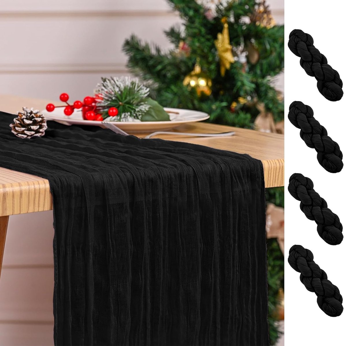 Tafellopers, zwart, 45 x 275 cm, kaasdoek, tafelloper, boho-gaas tafelloper voor eettafel, rustieke, doorzichtige stoffen tafelloper voor bruiloft, feest, bruidsfeest, lente