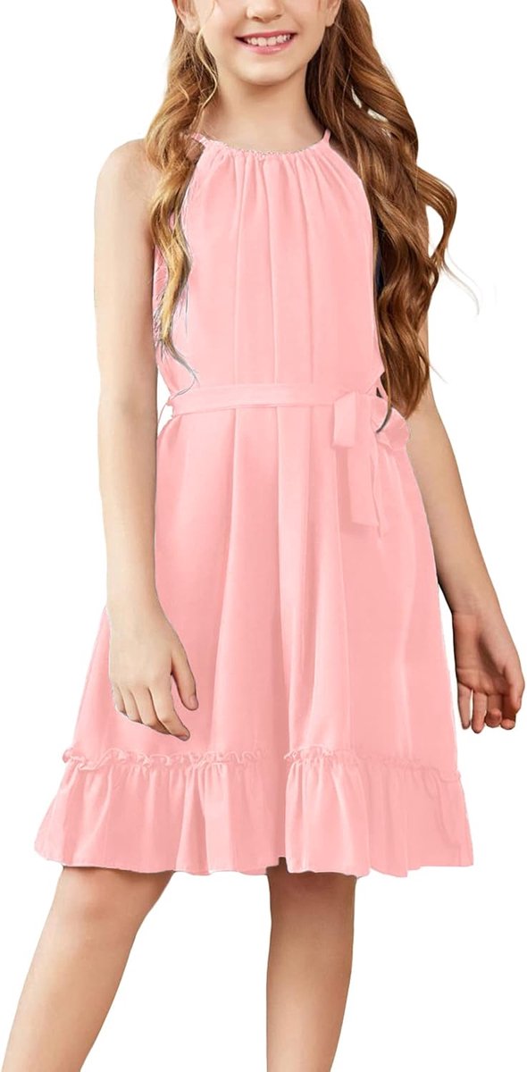 Meisjesjurk, halterjurk, zomerjurk, ruches, zoom, midi-jurk, A-lijn, kinderjurk, swing, partyjurk, avondjurk, kinderen, feestelijke jurk, vrijetijdsjurk met riem, 6-14 jaar