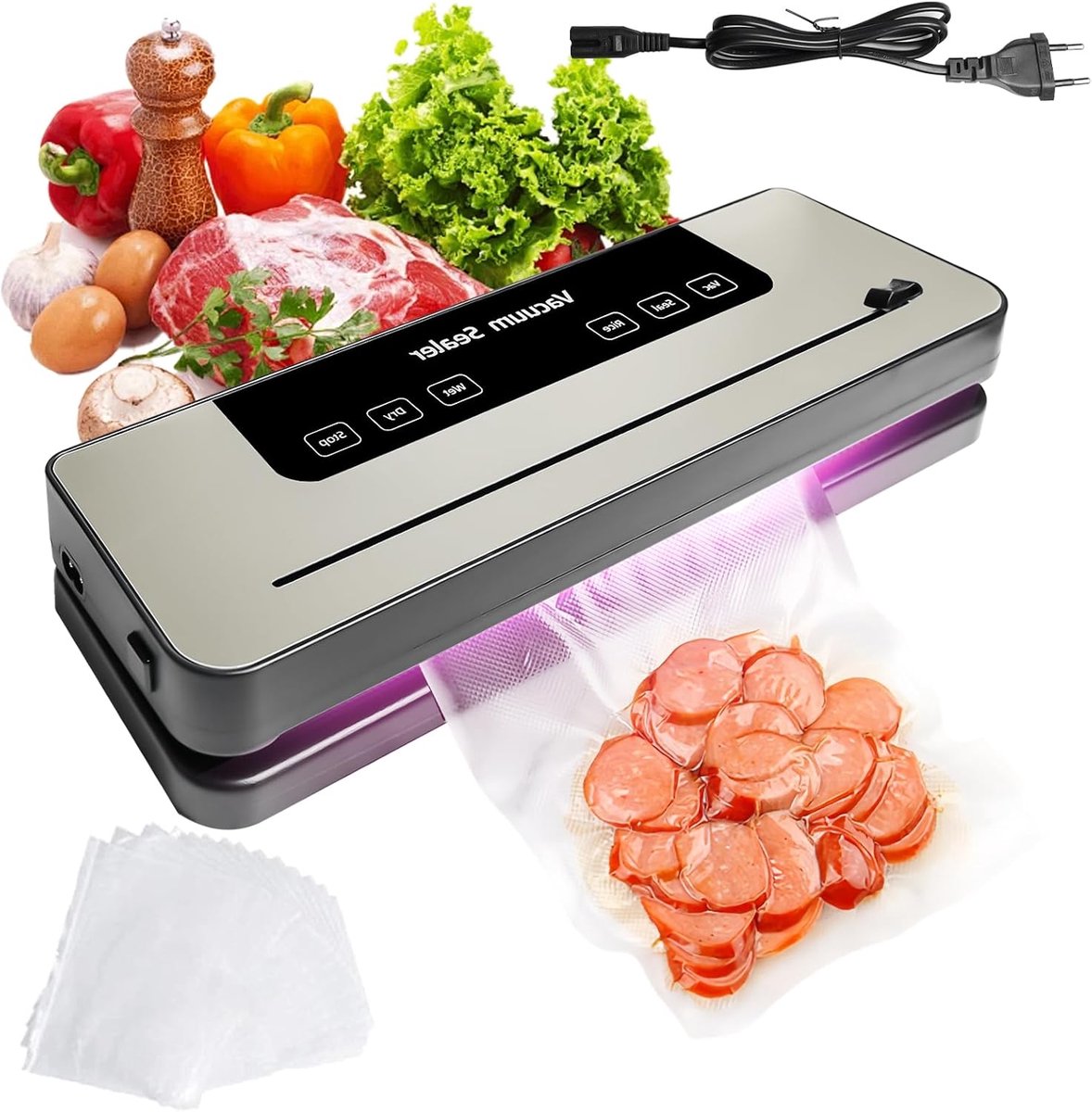 vacuümmachine, 7-in-1 vacuümapparaat, 120 W, professioneel met 50 vacuümzakken, cutter, digitaal countdown, droog-/vochtige modus, folielasapparaat voor levensmiddelen