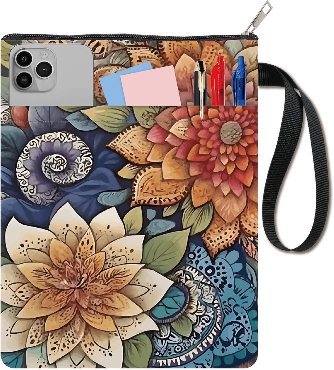 Boekomslagen mouw boek rits zakje met extra mouw zak dubbelzijdig mandala bloem patroon wasbare doek notebook wrap voor harde cover paperback, boekenwurm liefhebber 11 x 8,6 inch