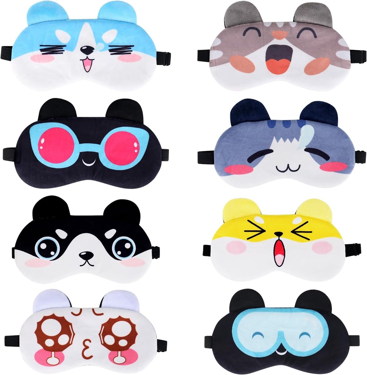 Slaapmasker voor kinderen, 8 stuks, schattig dierenoogmasker, ultrazacht slaapmasker voor vrouwen, blinddoek, slaapbril, grappig zacht slaapmasker, lichtblokkerende oogklep met elastiek