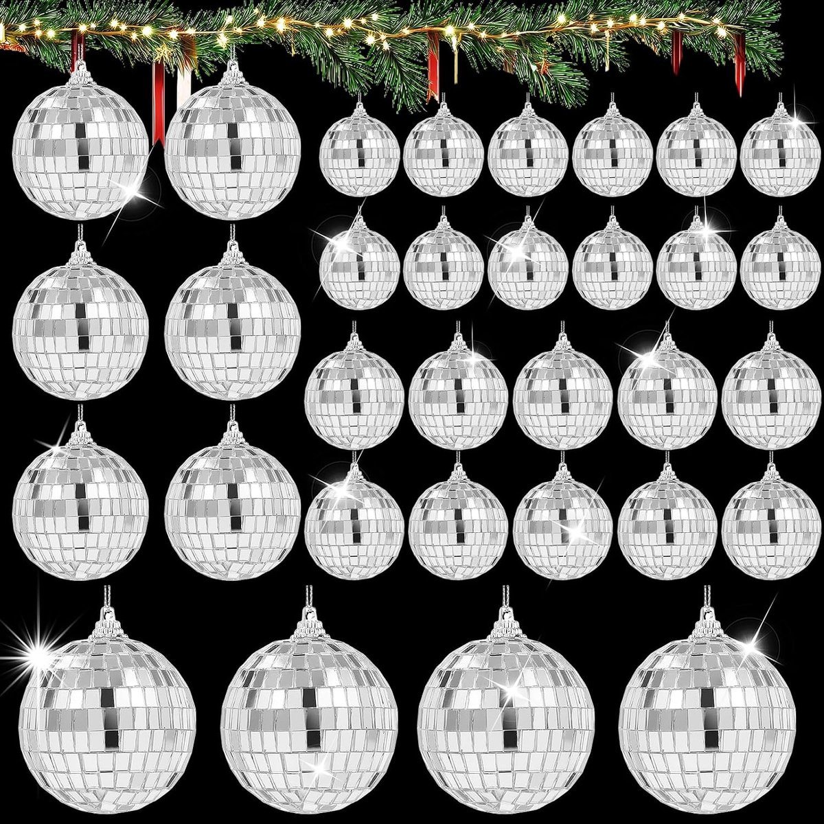 32 stuks discoballenset, zilveren mini-discoballen, decoratie | 2,3 cm 3 cm 4 cm 5 cm glanzende discobal klein met touw, discobal voor taartdecoratie, vakantiedecoratie, bar, feest