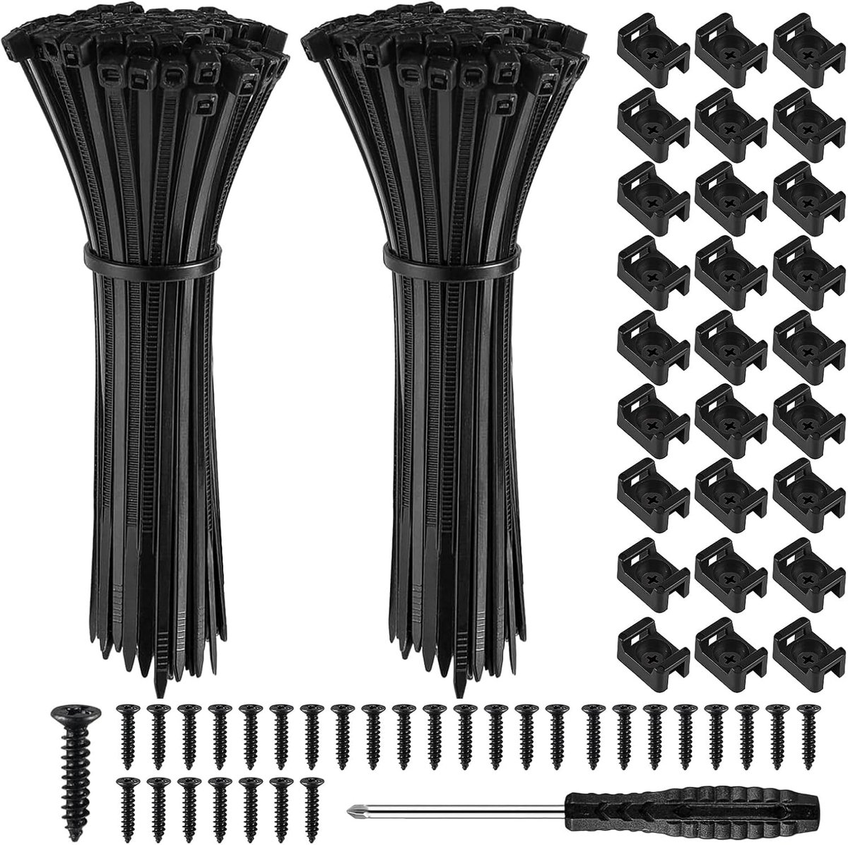 500 Stuks Tie Wraps Heavy Duty met Kabelhouders en Schroeven Zwart, Cable Ties, Zelfborgende Kabelbinders Voor Kabelbeheer, Tuinwerk