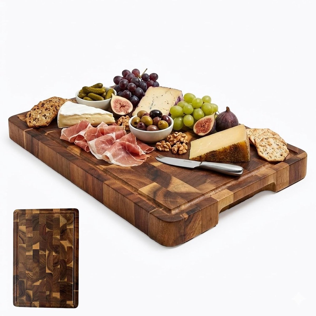 snijplank met saptrut van massief acaciahout (38 x 28 x 1,8 cm), grote houten snijplank voor keukenplaten