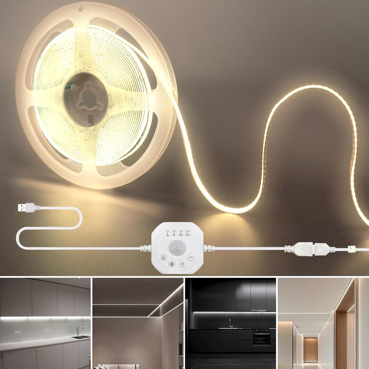 5V USB Motion Sensor Dimmer 320LED Strip Lights,Day or Night 2 Lighting Modes,Time-delay and Brightness Adjustable,16.4FT/5M,Natural White 4000K,8mm Width,for Closet,Kitchen