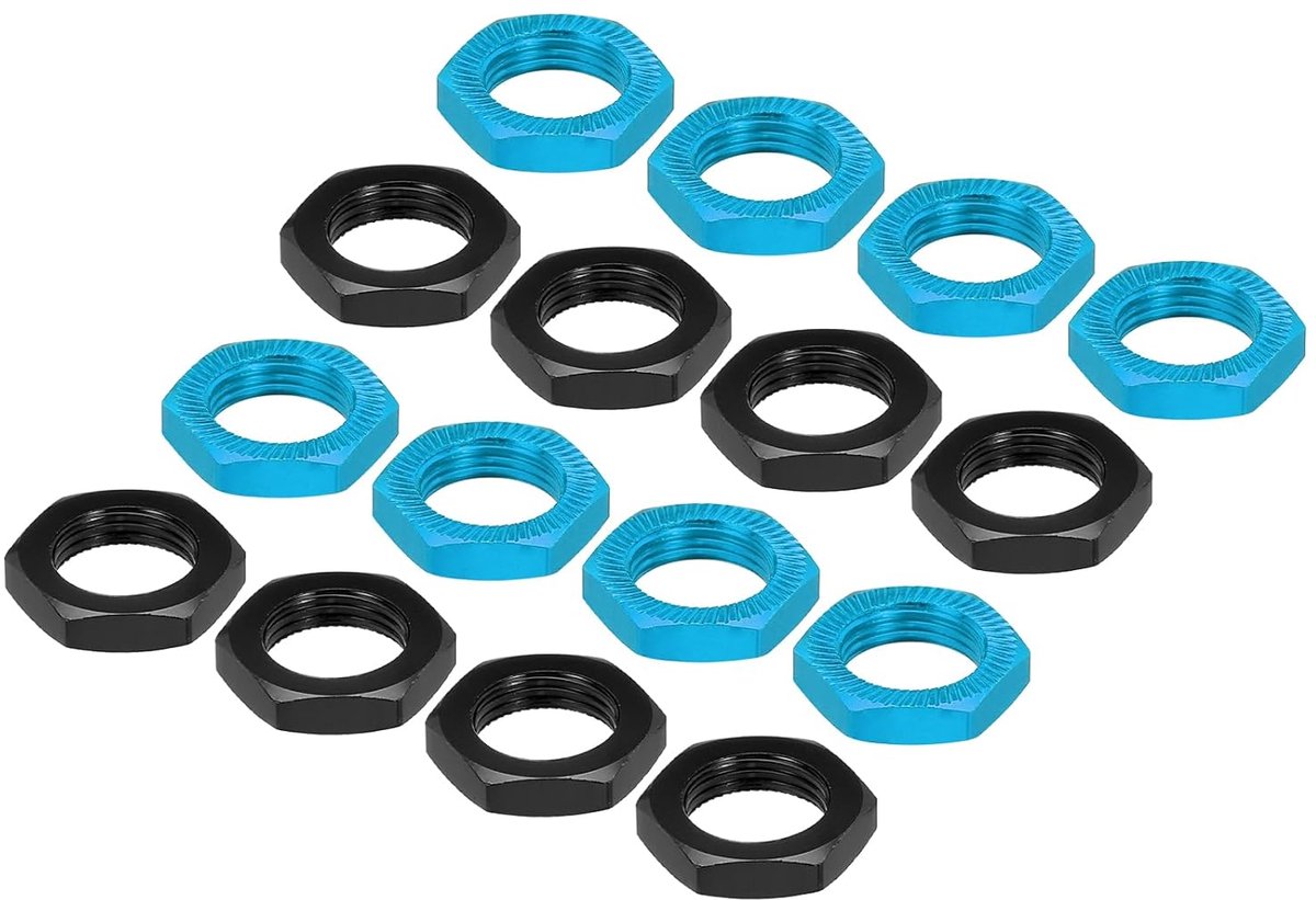Aluminium 17 mm RC wielmoer schroefdraad M12 x 1,0 mm zeskant wielmoeren RC wielmoeren voor 1/8 RC modelauto, vrachtwagen, terreinwagen, verbeterde onderdelen, verpakking met 16 (zwart en
