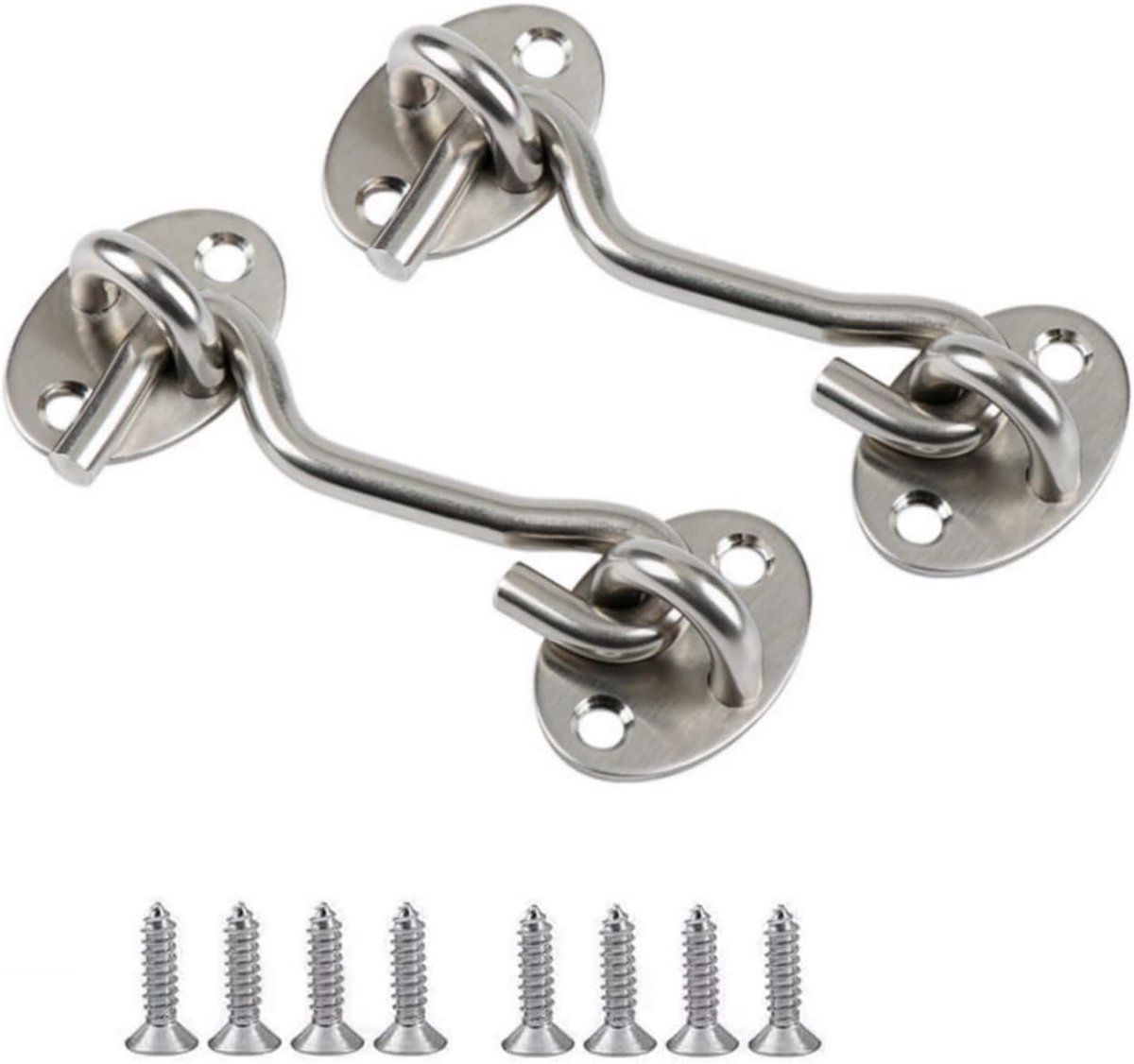 Cabinehaken van roestvrij staal, 2 stuks, 10 cm, grendel, deur, stormhaken met oog, met 8 stuks montageschroeven voor poort, garage, hek, raam of schuur, zilver