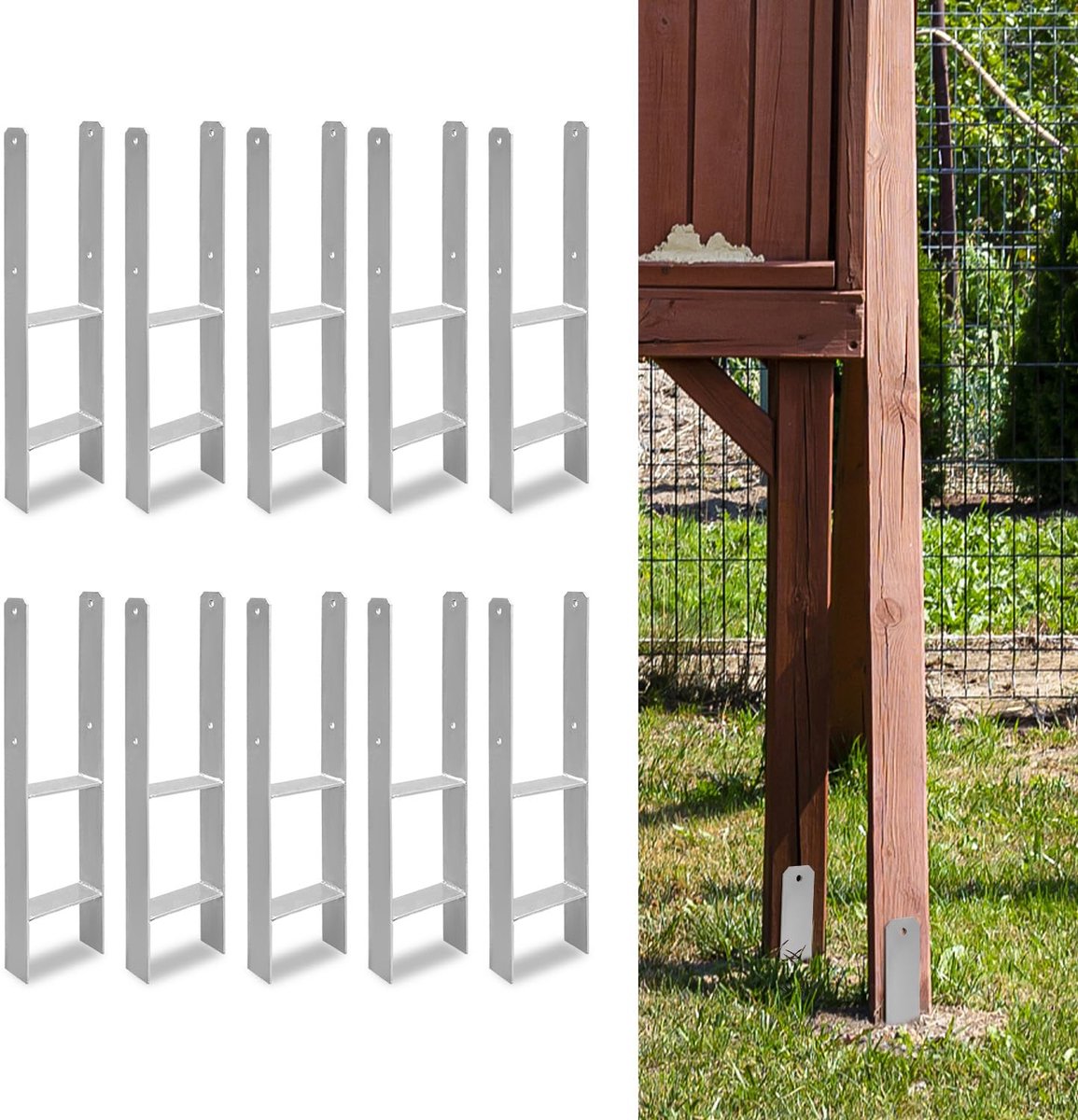 Set van 10 H-paalankers, 141 x 600 mm, H-paalhouders voor hek- en houten palen, robuuste H-ankers voor tuinhek, carport, paviljoen en houtbouwprojecten