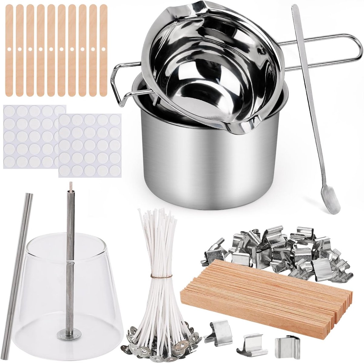 Dubbele Boiler Pot Set, Roestvrij Staal Smelting Pot Met Kaars Wicks, Stickers, Wick Houders, Wick Plaatsing Tube voor Zeep, Wax, Kaarsen Maken