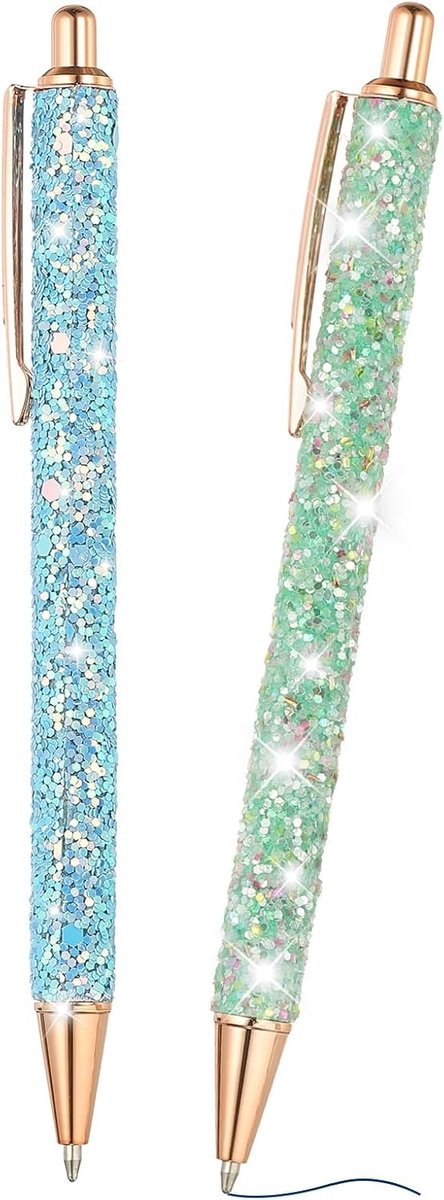 Glanzende balpen, 2 stuks, fonkelende glitterpen, intrekbare druk, metaal, journaling, schrijfstiften, zwarte inkt voor vrouwen, meisjes, kantoor, verjaardag, blauw/groen
