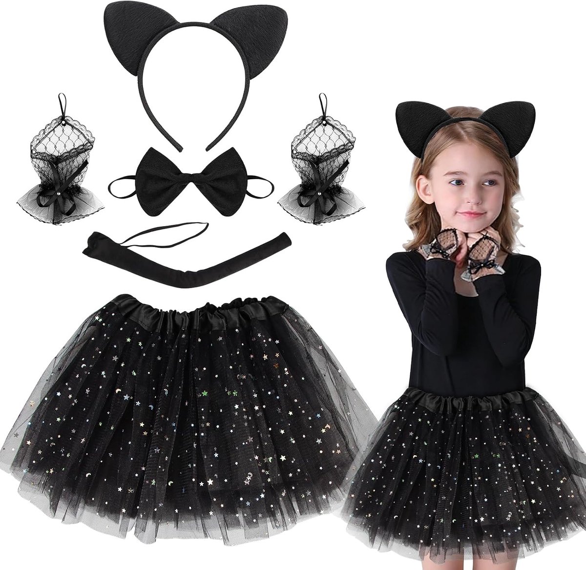 Kattenkostuum voor kinderen, kostuum kat meisjes, kattenkostuumset kinderen, cosplay set voor Halloween, carnaval, cosplay feestjes
