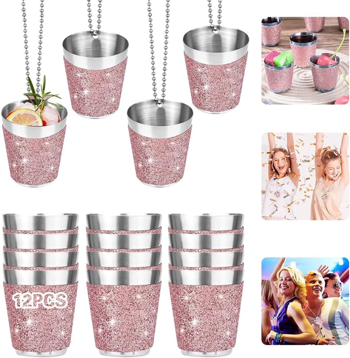 12 stuks borrelglazen om te hangen, roestvrij staal, borrelglas om te hangen, glitter, borrelbeker met ketting, 30 ml, shotbeker, roze, voor bruiloftsfeesten, vrijgezellenfeesten