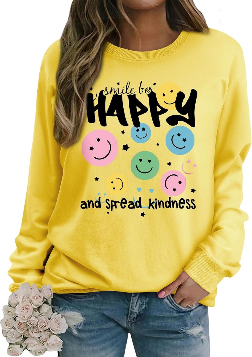 Sweatshirt voor dames, smile print, grappige glimlachende ronde hals, katoenen trui, herfst, winter, casual, bovenstuk, lange mouwen, tops