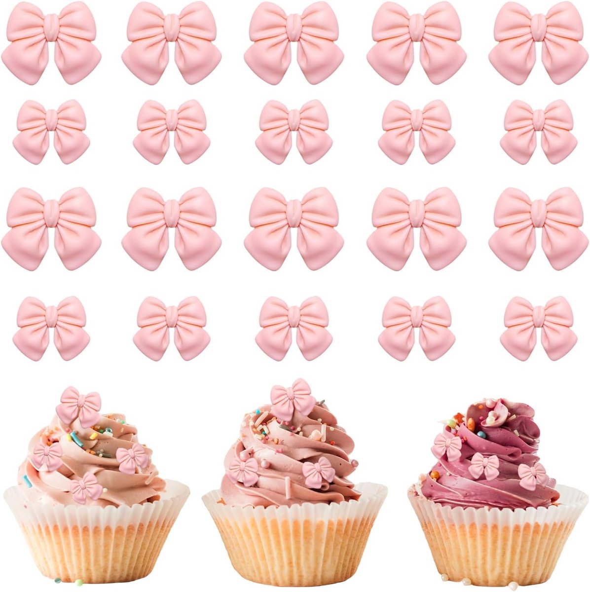 Strik Taarttoppers - 20 Stuks Cupcake Decoratie Strikken Benodigdheden voor Babyshowers, Verlovingen, Verjaardagen, Thema Decoraties - Roze