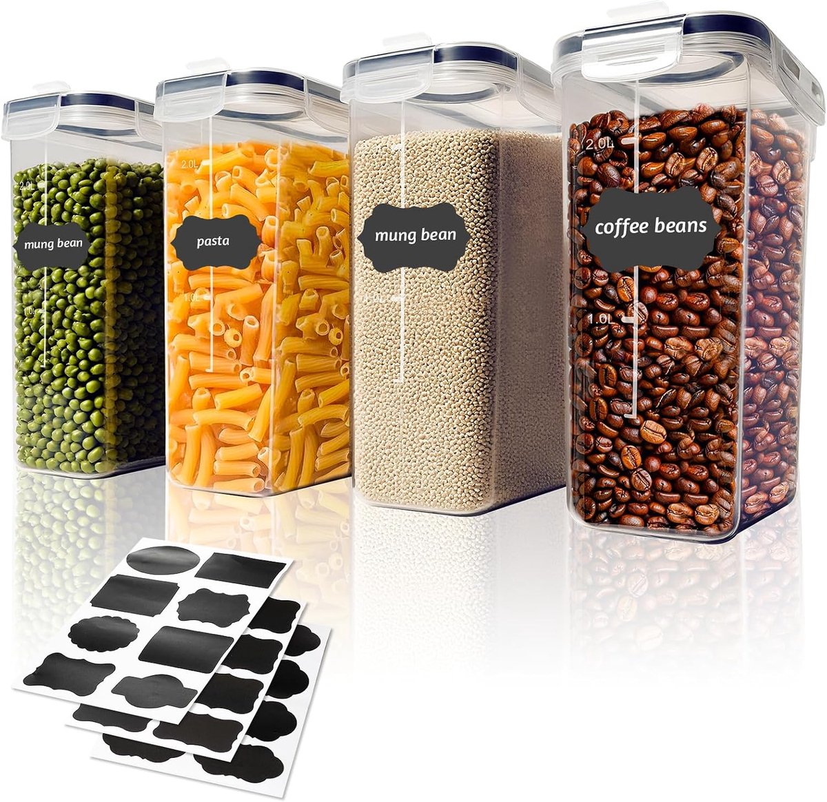 Luchtdichte voedselcontainers, 2,5 l, 4 stuks, verzegelde kunststof containers met deksel voor het bewaren van granen, pasta, meel, huisdieren