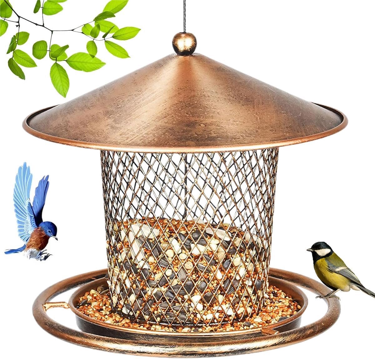 Vogelvoederhuisje om op te hangen, metalen vogelhuis om op te hangen, voederhuis voor vogels, weerbestendig, met overdekte vogelvoederdispenser voor wilde vogels, hangend vogelvoederstation voor