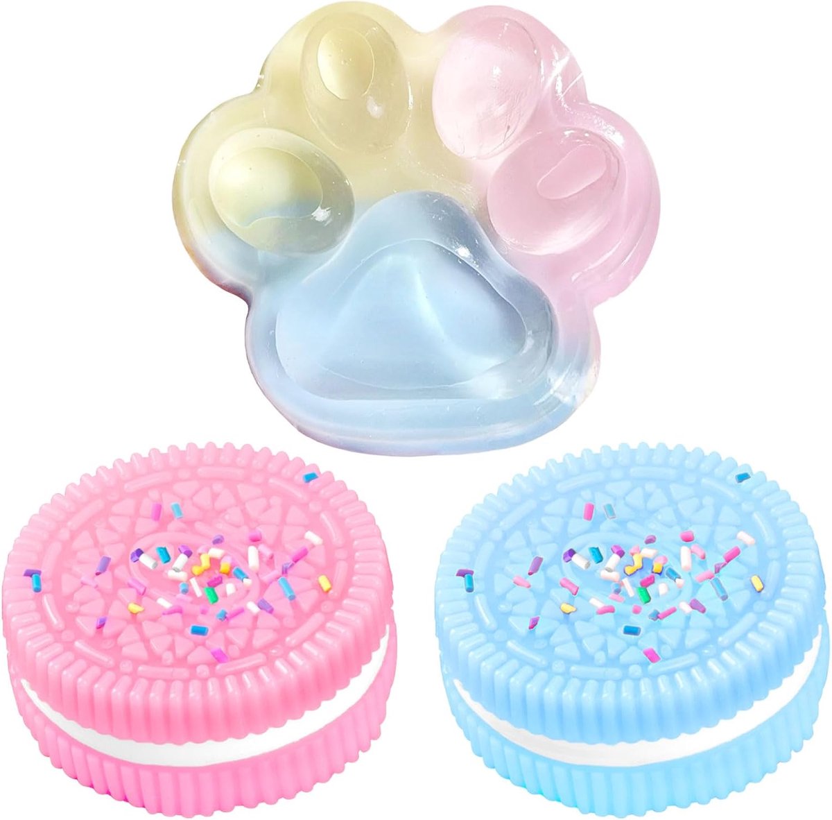 Set van 3 Squishy anti-stress Squishy Biscuit Kawaii 1 Squishy kattenpoot Yoyo Mochi Squishy cadeau schattig verjaardag feest of Kerstmis sensorisch speelgoed decompressie kinderen volwassenen