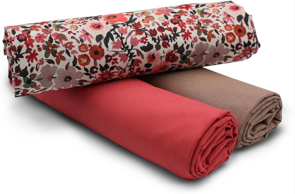Stof set design + 2x uni kleur op elkaar afgestemd 100% katoen materiaal selectie (bloemen roodachtig Set21)