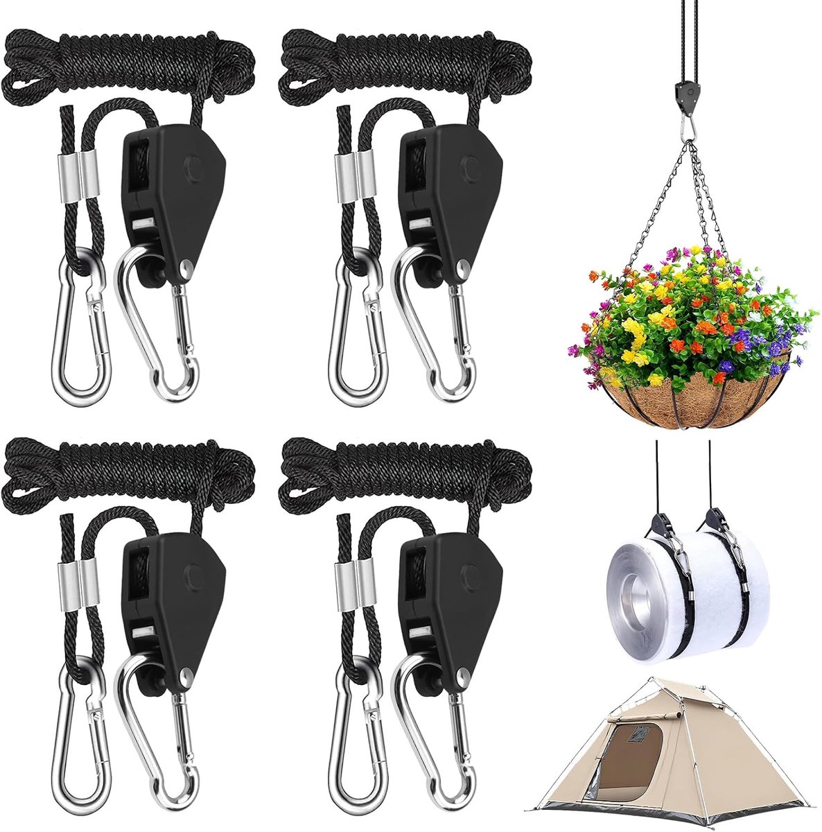 Rateltouw met haken, 4 stuks, katrol met ratel, haak, 2,4 m, verstelbaar, ratelriem voor lamp, planten, sluier, schaduw, Vele schaduw, voor luifel, camper, deur, 150 pond (68 kg