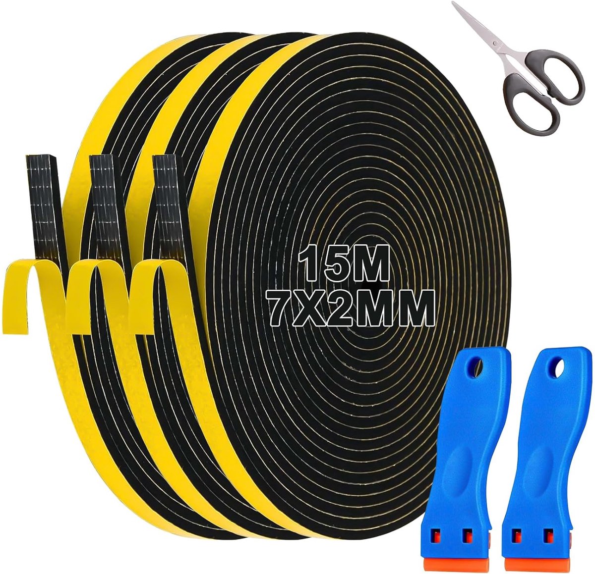 lafo Afdichtingstape Zelfklevend voor deuren en ramen, 3 rollen 7mm (B) x 2mm (D), 10m keramische veldafdichtingstape met kleine schraper en schaar, zwart zelfklevend schuimrubber (3)