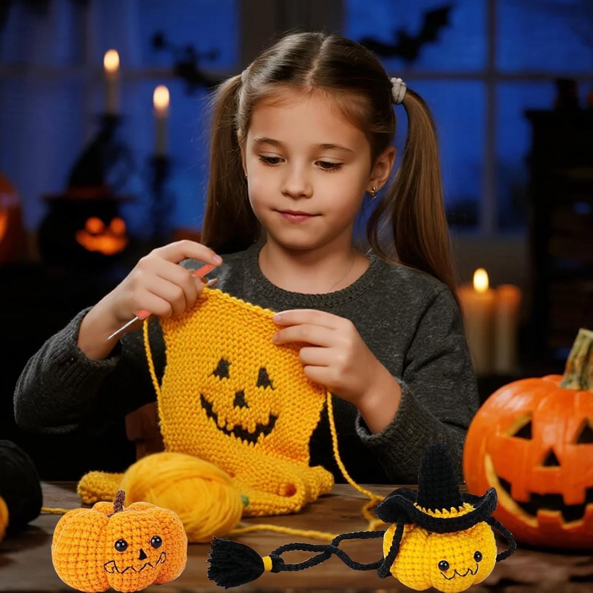 Haakset voor beginners, haakset, Halloween-pompoen, haaknaaldset, starterset, snoepzakje, haakset, doe-het-zelf, cadeau voor beginners, tutorial, handleiding voor volwassenen en kinderen