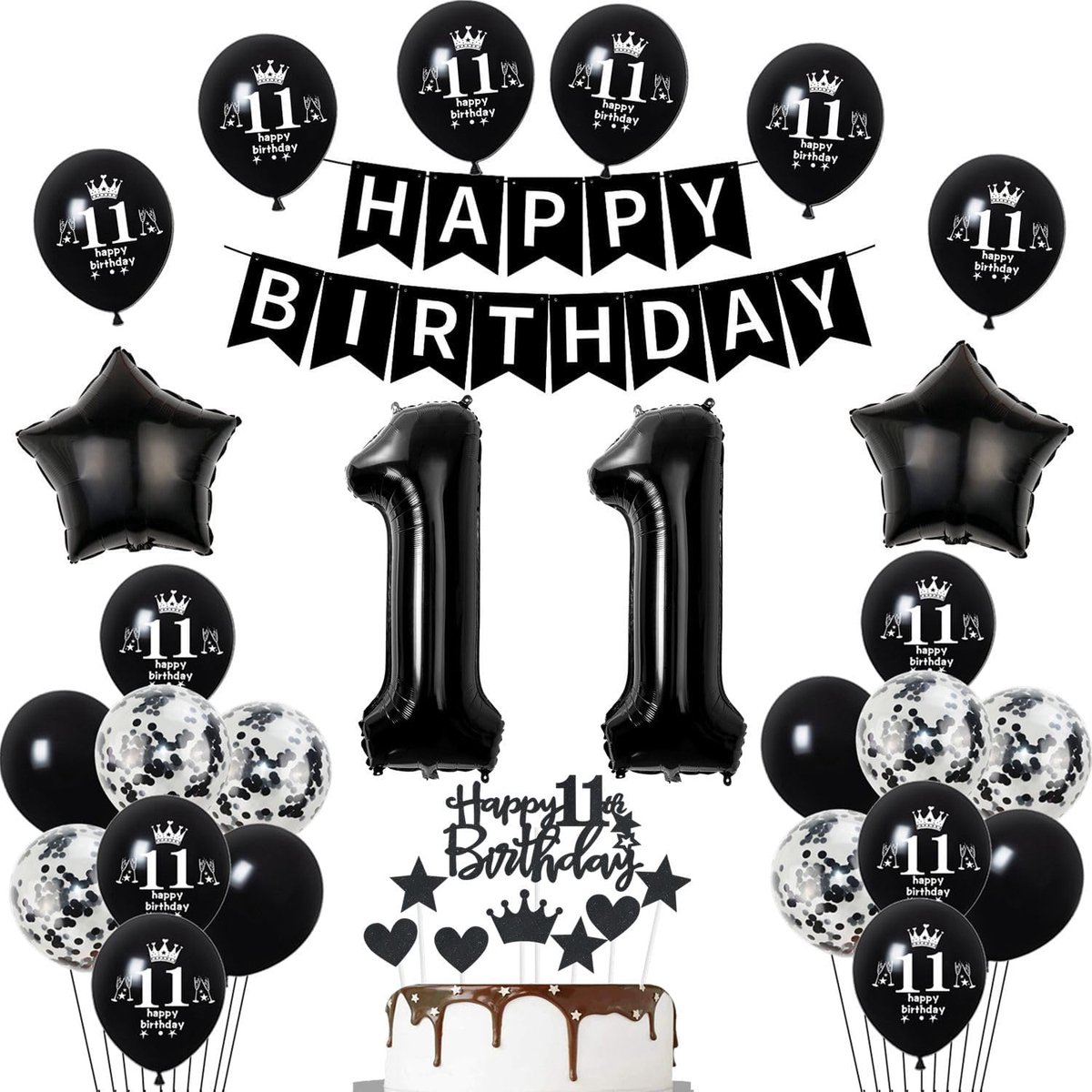 11e verjaardag meisje jongen, zwart wit verjaardagsdecoratie 11 jaar meisje ballon, Happy Birthday banner, cijfer folieballon 11 ballonnen 11e verjaardag decoratie jongen taartdecoratie 11