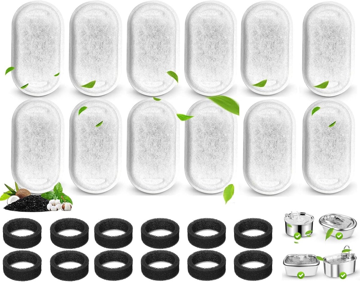 24 stuks kattenfonteinfilters, 12 stuks kattenfonteinfilter vervanging met 12 sponzen, voor 2 l/64 oz en 3,2 l/110 oz roestvrijstalen waterdispenser voor huisdieren