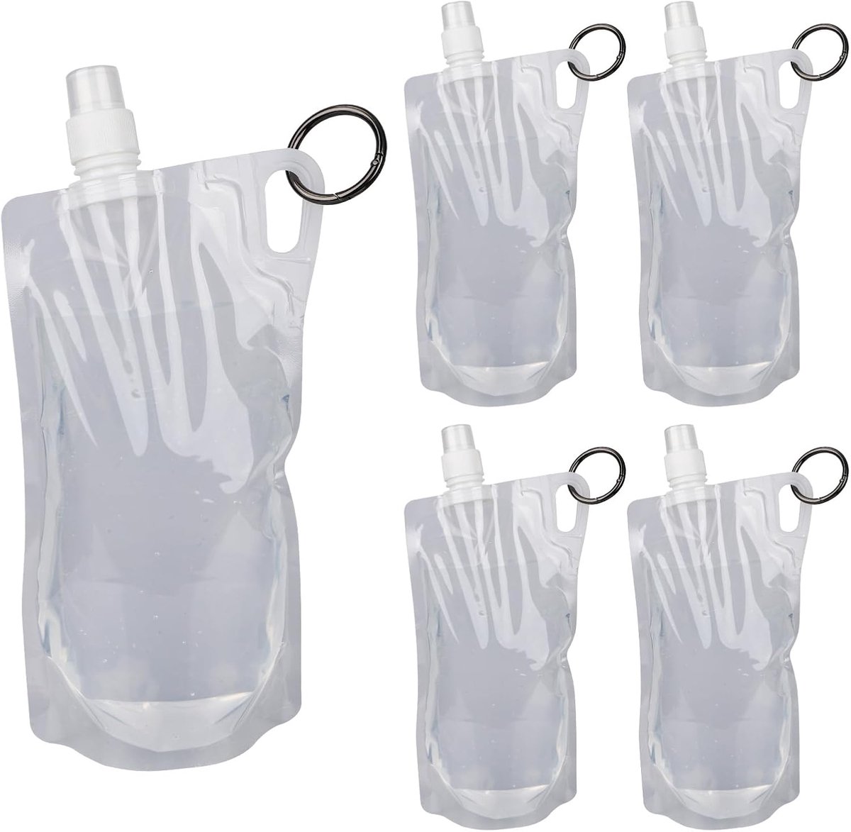 5st Inklapbare Wandelflessen met Veer-O-Clip, 1L Vouwbare Rugzak Waterfles BPA-Vrij Vloeistofopslagzak voor Reizen Kamperen Fietsen Bergbeklimmen (Doorzichtig)
