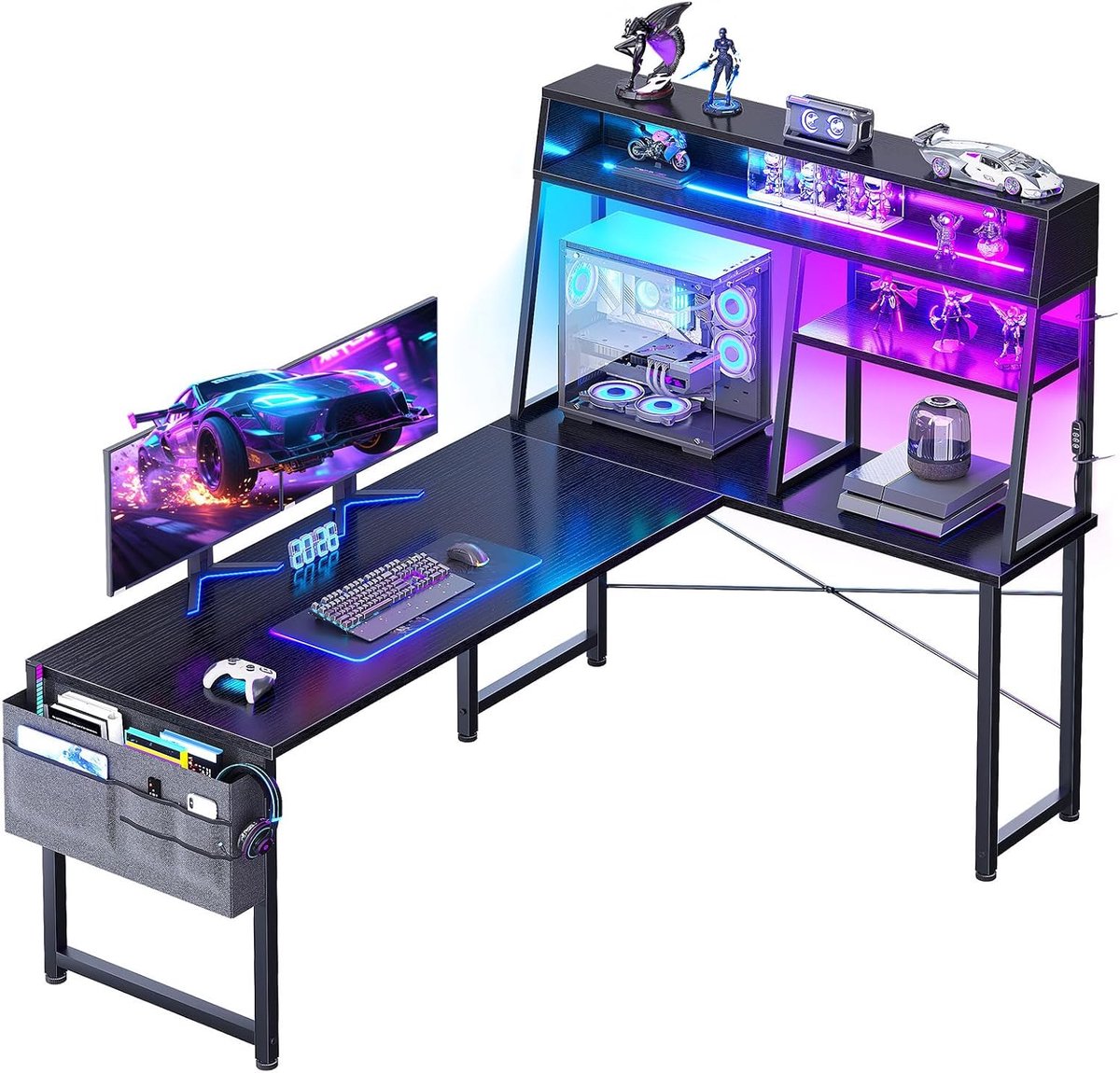 L-vormig Gamingbureau met LED, 130x100cm, Zwart | Reversibel Gamerbureau met Planken, Hoekbureau met Opbergtas en Haak voor Gamers