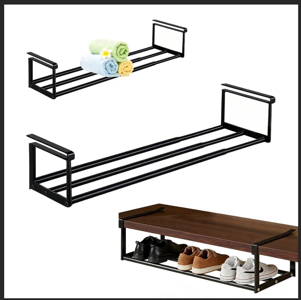 Hangend schoenenrek, organizer, 40-70 cm, uittrekbaar, uitbreidbaar rek onder de kast van koolstofstaal, perfect voor schoenen, keuken en kledingkast (zwart)
