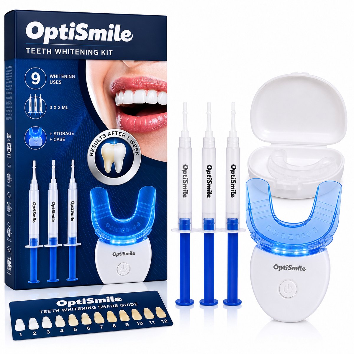 OptiSmile Tandenbleekset met LED Bitje – 9 Behandelingen – 3 x 3 ml Whitening Gel – Inclusief Opbergdoosje