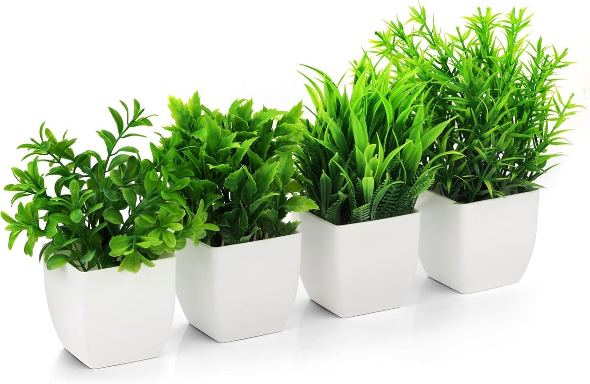 Kunstplanten Set van 4 - Kunstplanten in Witte Pot - 18 cm - Kunstplantjes voor Binnen - Decoratieve Kamerplanten - Onderhoudsvrij