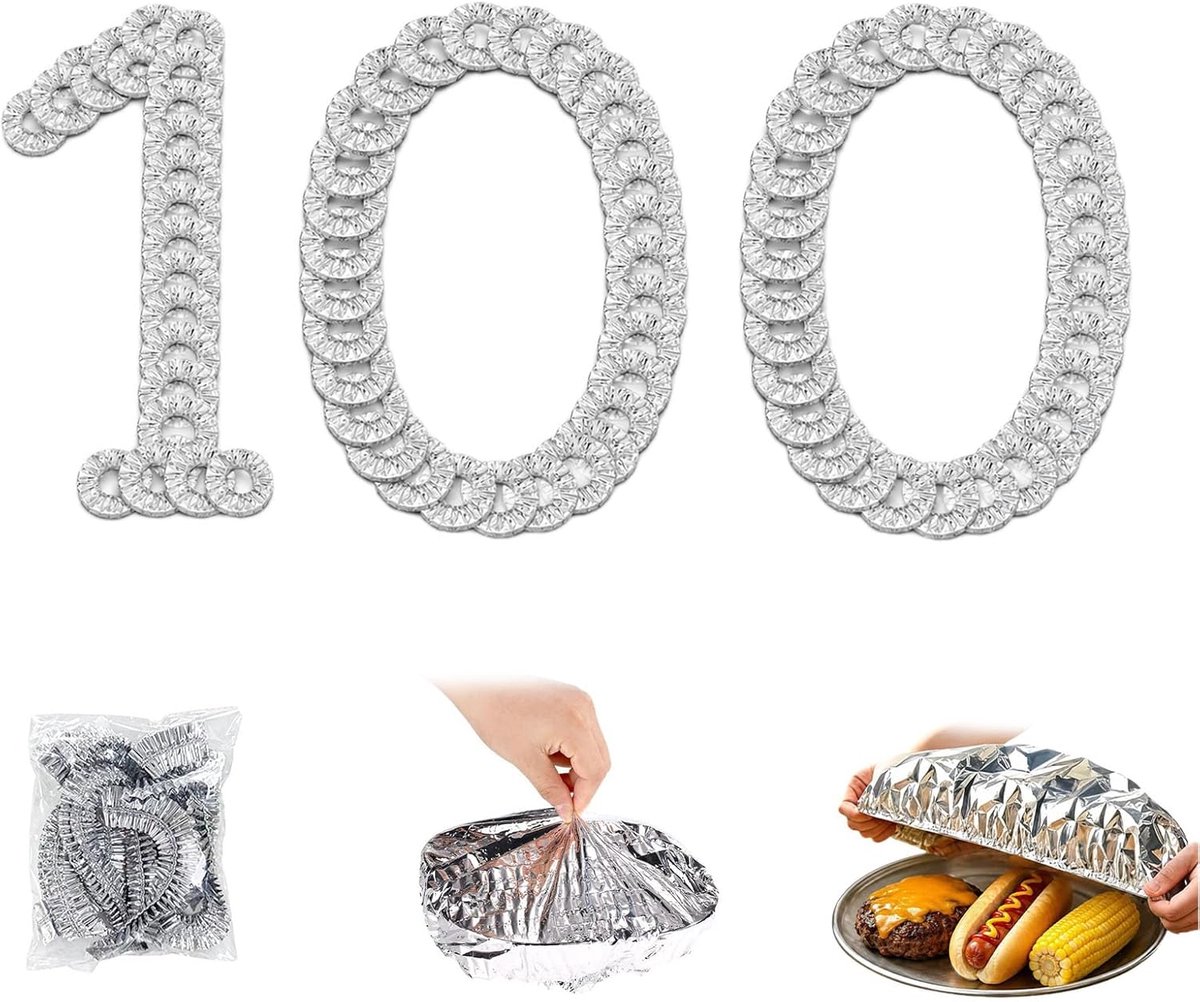 KZQ 100-delige herbruikbare aluminiumfolie voedselhoezen - Rekbaar en elastisch voor kommen en schalen - Geschikt voor thuis keuken restaurants en picknicks - Zilver