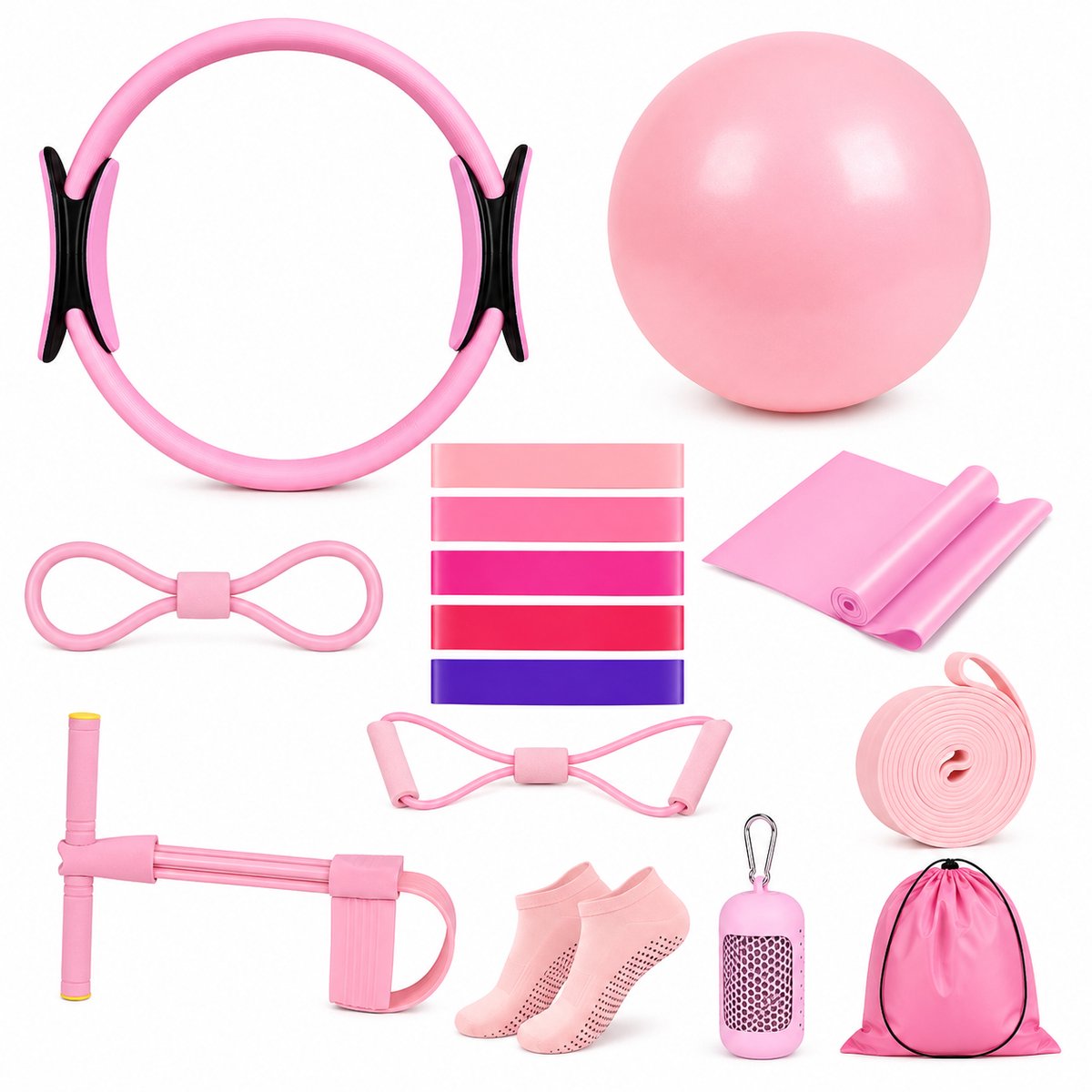 Sercano 16-Delige Pilates Set – Pilates Ring 38 cm, Pilatesbal 25 cm, 3 Weerstandsbanden, Stretchband, Figuur-8 Expander, Yogariem en Opbergtas – Roze