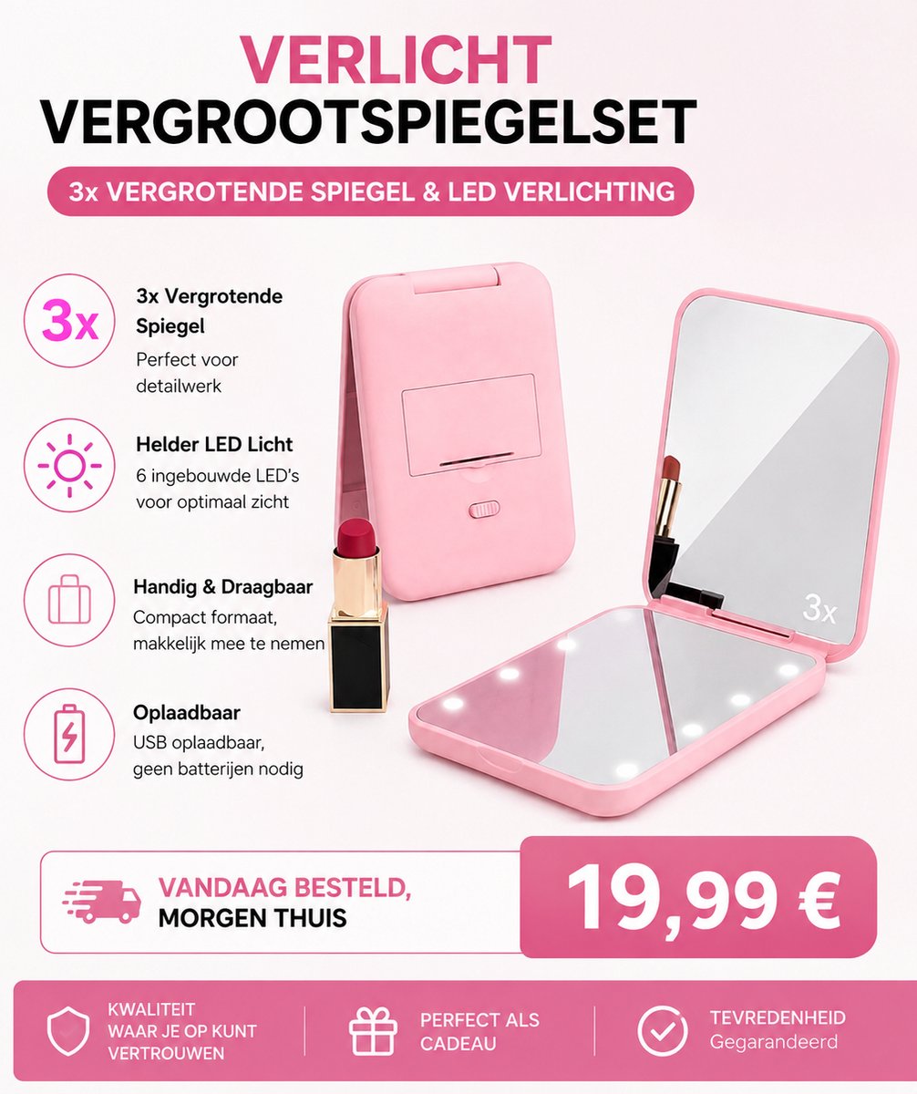 Vergrotende LED Compacte Reis Make-up Spiegel – 1x/3x Dubbelzijdig – Draagbaar & Opvouwbaar – Handheld – Met Licht – Klein Formaat – Past in Portemonnee – Perfect Geschenk  Vandaag besteld, morgen thuis