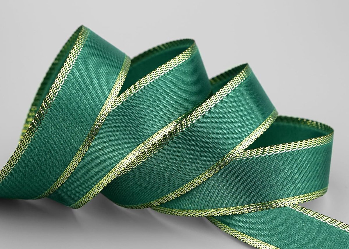 50 m x 25 mm taftlint met gouden rand, donkergroen, goud, zonder draad, taft, groen, decoratief lint, kerstcadeaulint, versieren, winter, lurex glans, stoffen lint, metallic