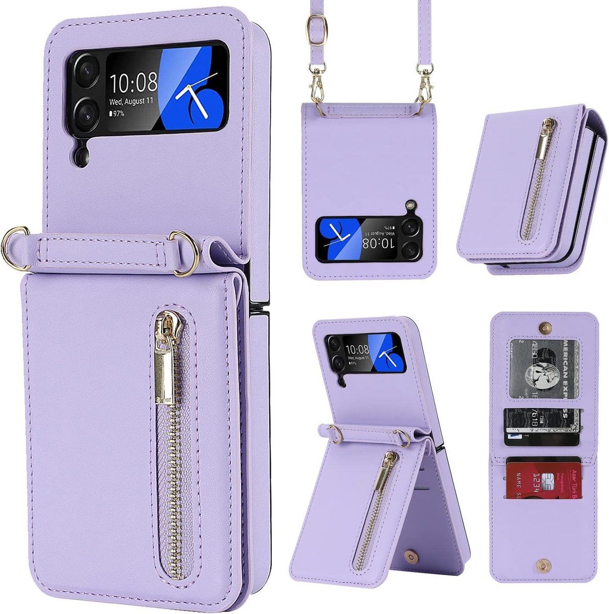Compatibel met Samsung Galaxy Z Flip 4, standaard, stijlvolle flip beschermhoes van leer, portefeuille met ritssluiting, kaartenvak, geldvak, telefoonhoes met koord voor Galaxy Z Flip 4