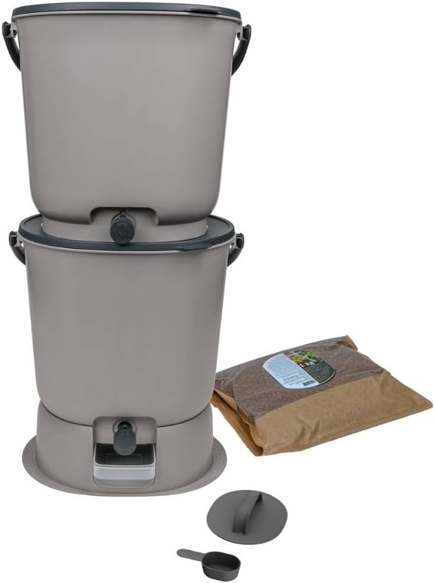 Keukencompostbak van gerecycled kunststof, BoEssential Set + basis, 15,3 l, lichtgrijs