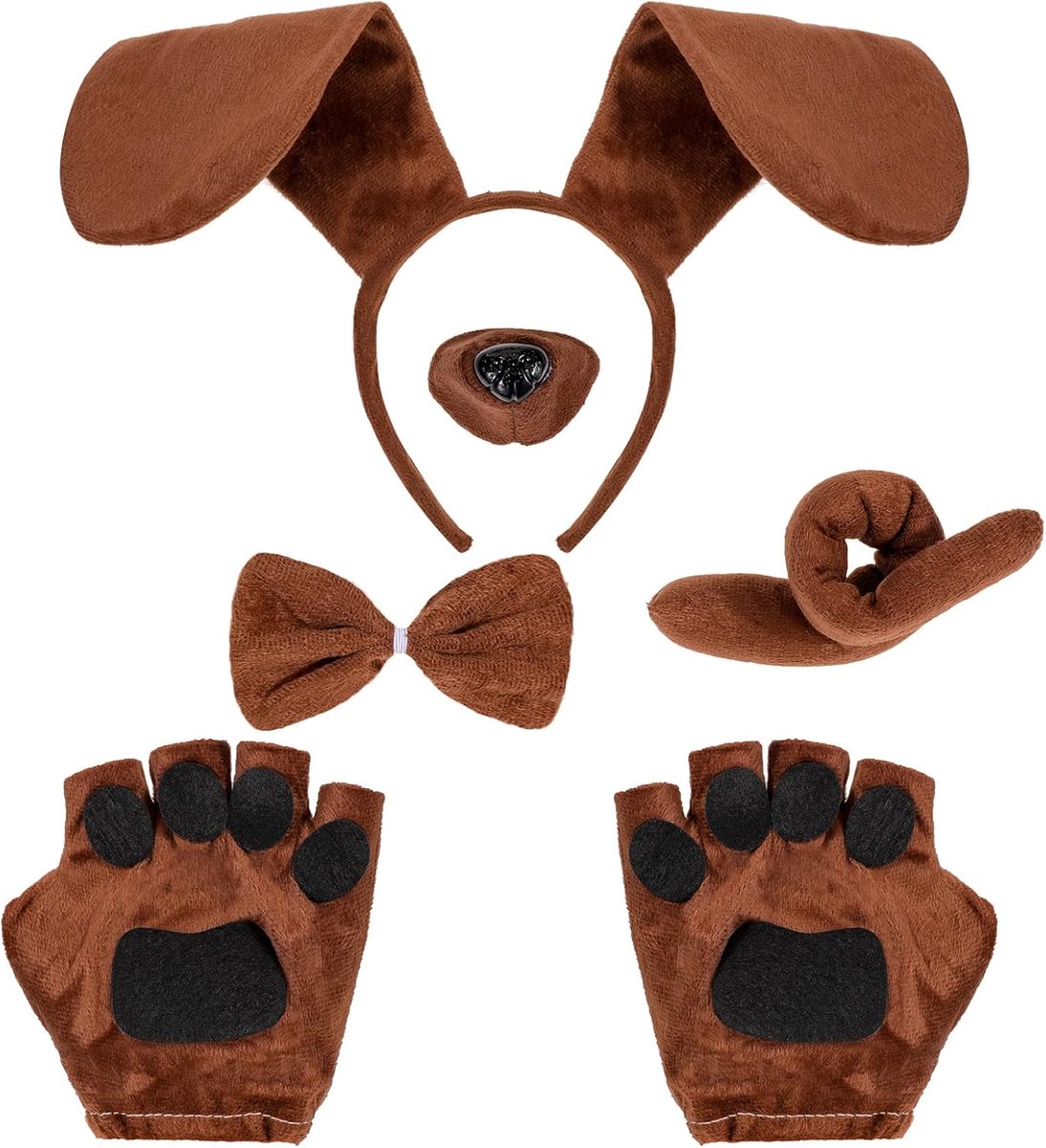 5 Stuks Puppy Hond Kostuum Set, Dier Kostuum Accessoires Hond Oren Hoofdband Strik Staart Nep Neus Puppy Poot Handschoenen Hond Fancy Dress Halloween Cosplay Party