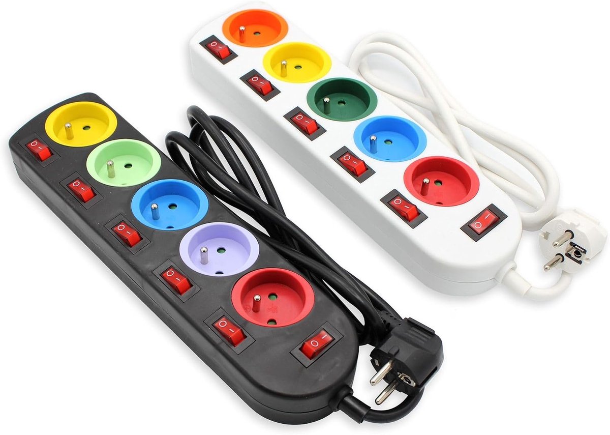 - Stekkerdoos kleur - Schakelaar voor elke uitgang + 5 stickers - Energiebesparend - 220-240 V, 50Hz - Stroomsterkte: 16A Maxi - Kabellengte 150cm - NF-normen (zwart en wit)