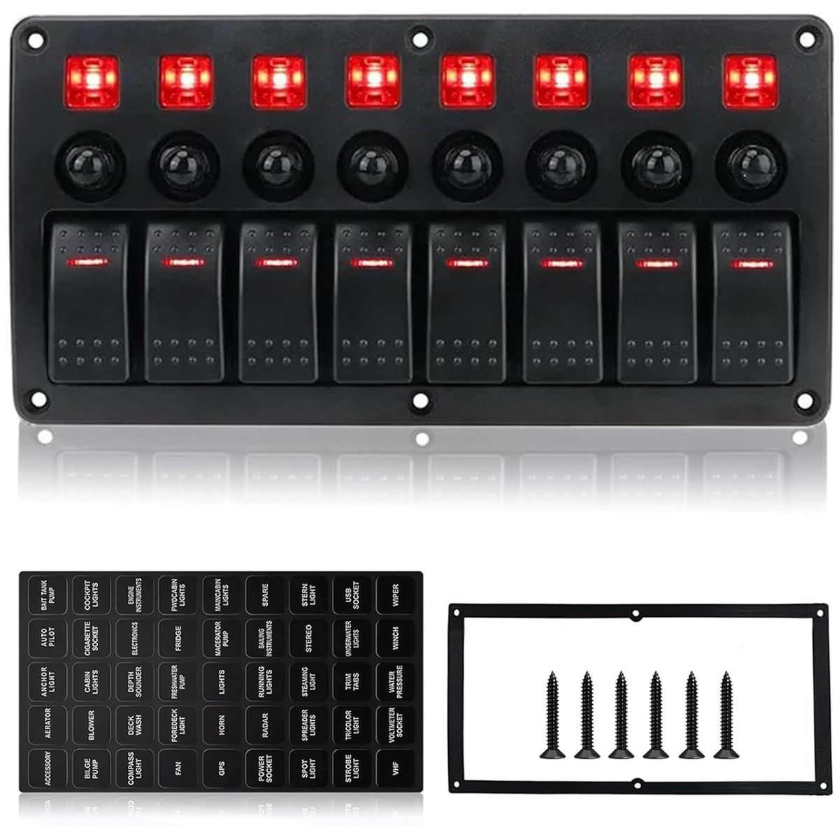 8 Bende Schakelpaneel 12V, Boot Schakelpaneel 8 Bende met Overbelasting Bescherming Circuit Breakers voor Auto Boot Marine RV Truck Camper Voertuigen Rood