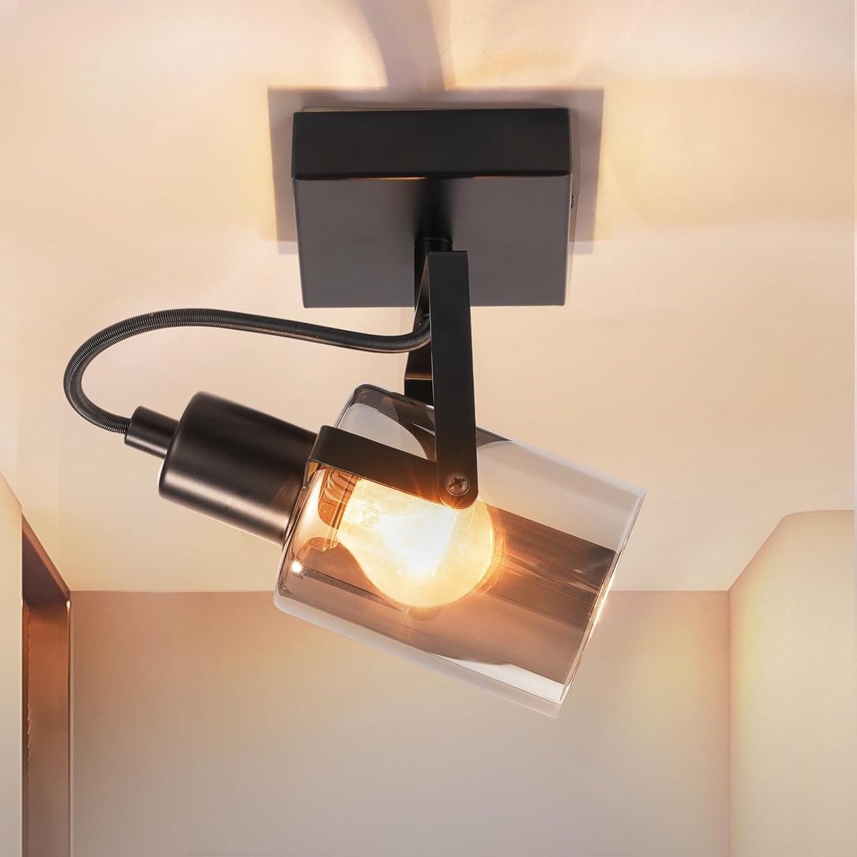 Plafondlamp, zwart, vintage plafondlamp, 1 vlam, plafondlamp, 350 graden, draaibaar, keukenlamp, rookgrijs, glas, wandlamp E14, hallamp voor slaapkamer (zonder lichtbron)
