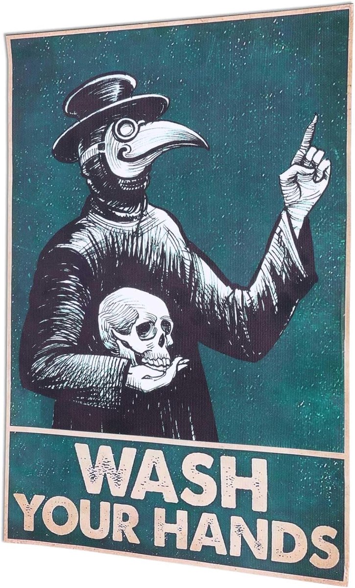 je Handen Plague Doctor-Bord, 30x21cm Plague Doctor-Muurdecoratie Gotische Decoratie Badkamer Grappige was je Handen-Poster voor Toilet Badkamer Slaapkamer
